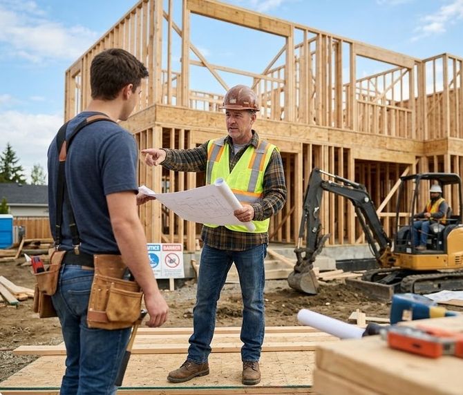 Contractor showing blueprints to a client at a home build site.