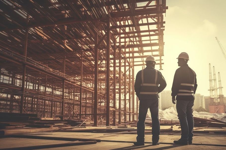 Silhouette of workers standing in a large steel building frame.