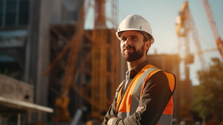 General contractor in a hard hat at a sunset construction site.