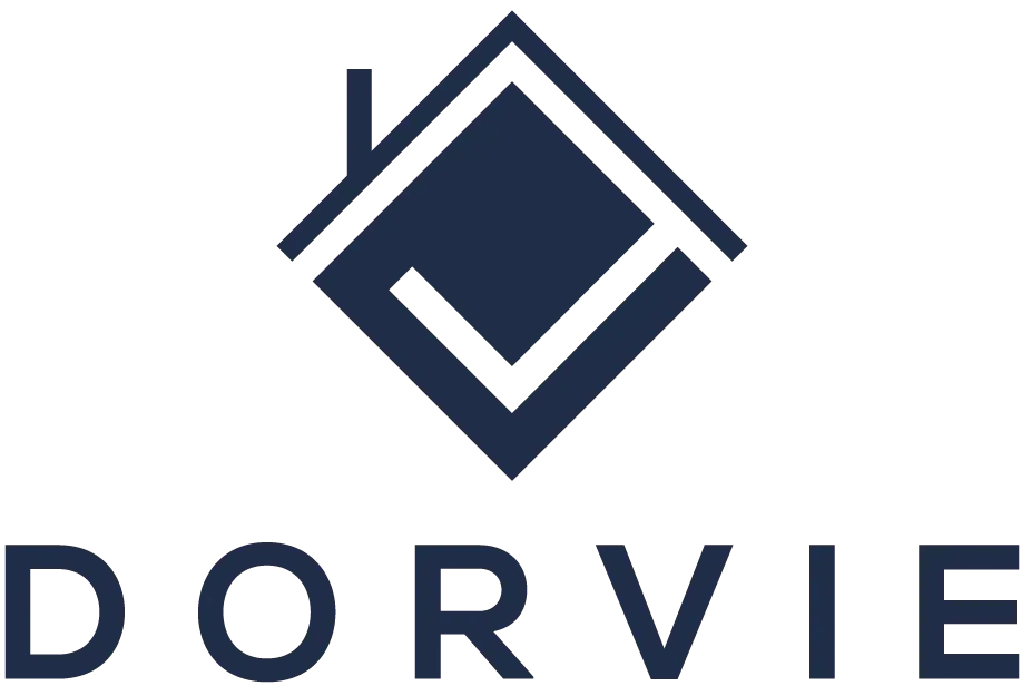 Dorvie logo: a navy blue diamond shape with a stylized house outline and checkmark.