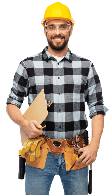 Worker holding a clipboard ang wearing a hard hat