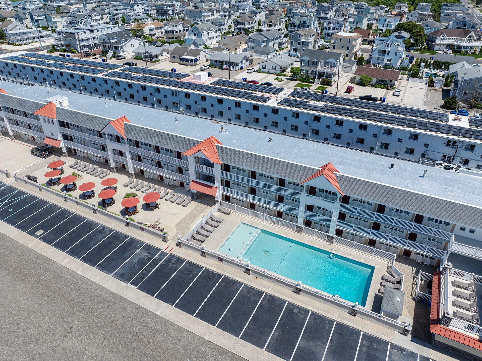 Aerial image of hotel and pool