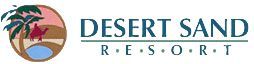 The desert sand resort logo is a circle with a palm tree and a lake in the middle.