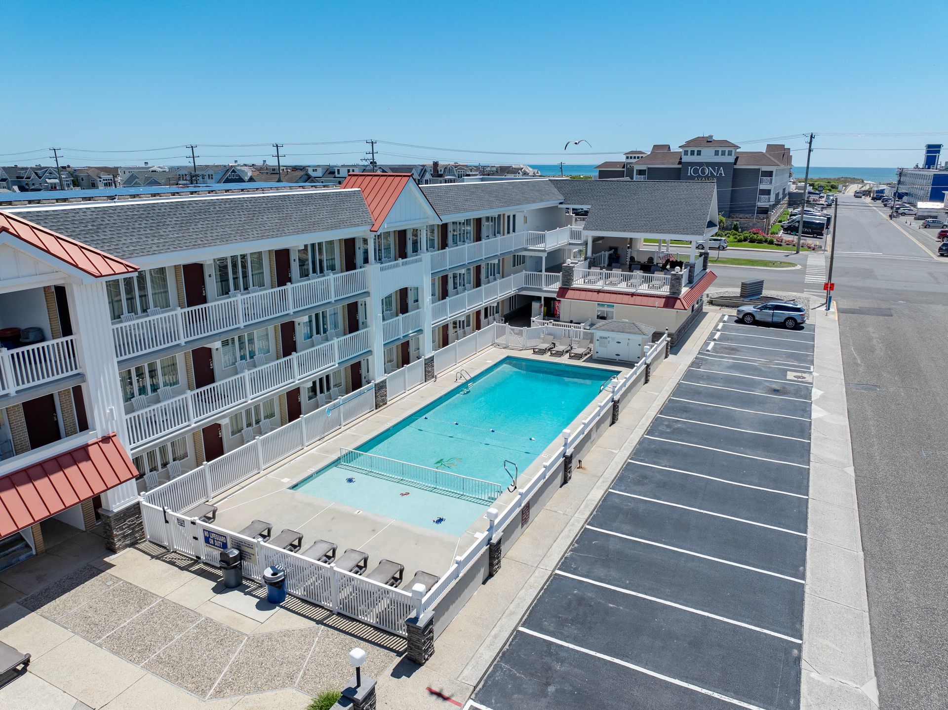 aerial image of pool and hotel