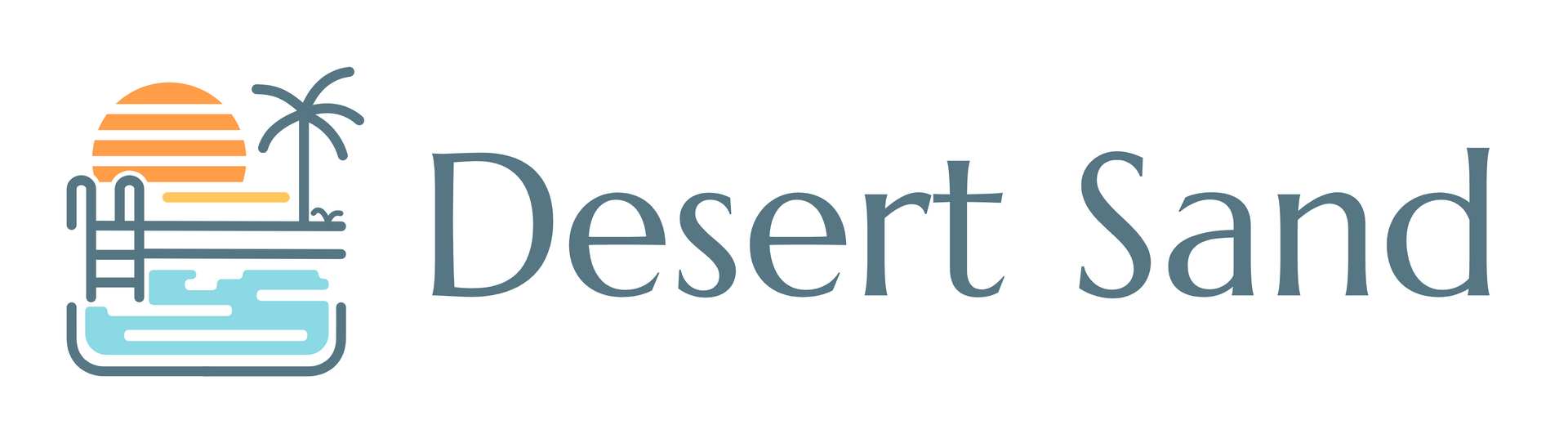 The desert sand resort logo is a circle with a palm tree and a lake in the middle.