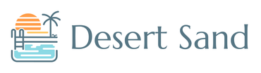 The desert sand resort logo is a circle with a palm tree and a lake in the middle.