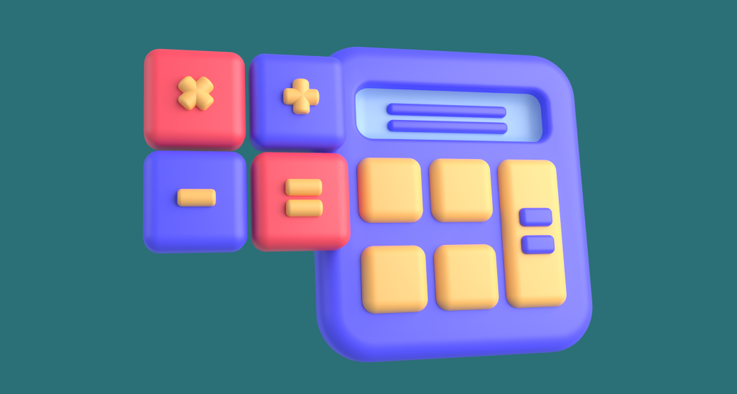 A 3D-style purple calculator icon floating against a dark teal background with colorful math operator buttons nearby.
