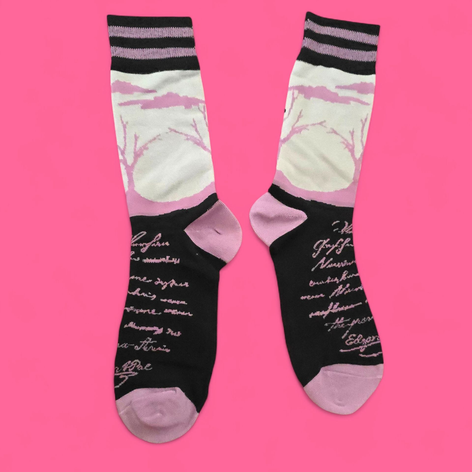 Par de calcetines negros con ilustración de Edgar Allan Poe. Presentan un cuervo y fragmentos de un poema en blanco y rosa.