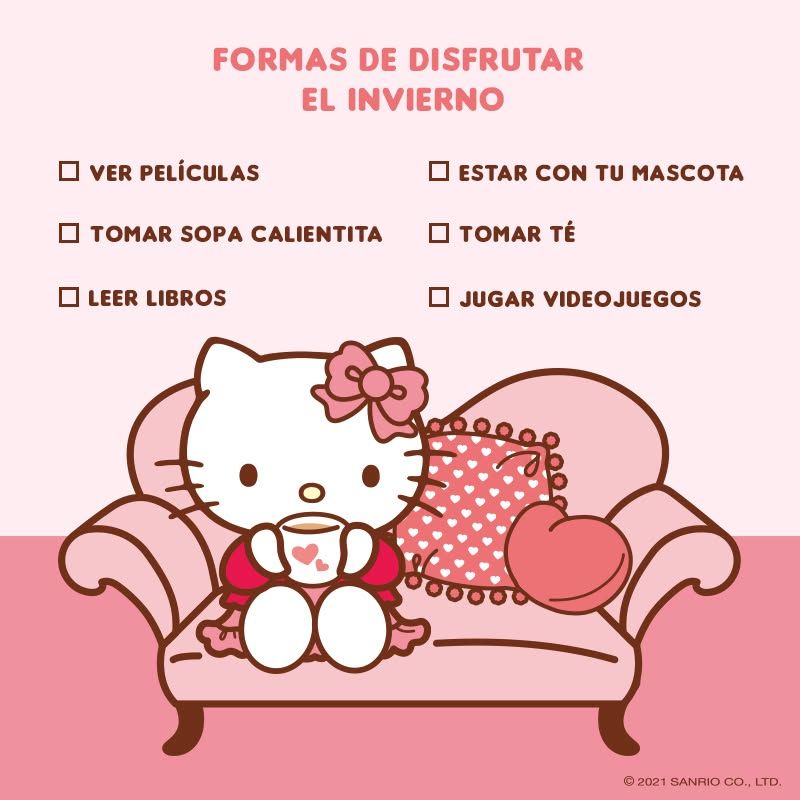 Hello Kitty en un sofá rosa con la lista de actividades de invierno.