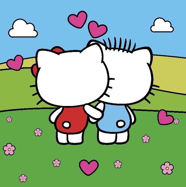 Dos personajes de Hello Kitty abrazándose en un campo, con corazones, flores y nubes.