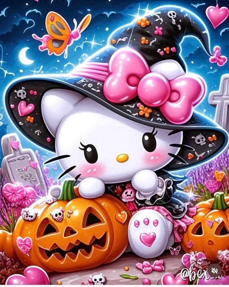 Hello Kitty con sombrero de bruja, calabazas y una escena de cementerio, bajo un cielo nocturno estrellado.