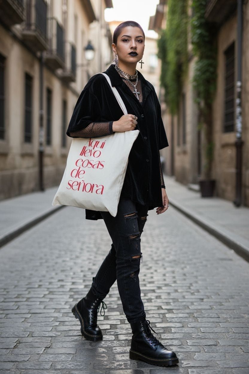 White tote bag with red text: