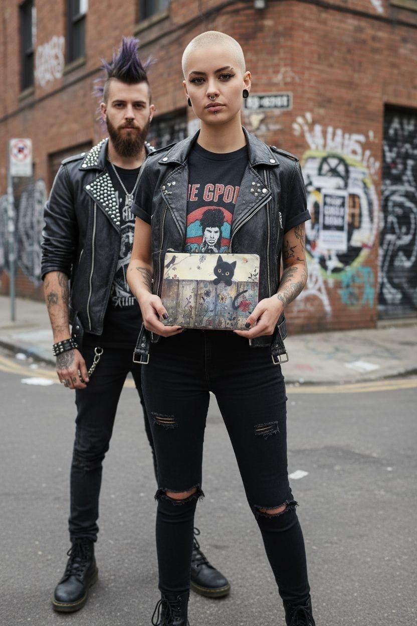 Gato negro asomándose por encima de una valla de madera, rodeado de flores y un pájaro; sobre una bolsa con cremallera.