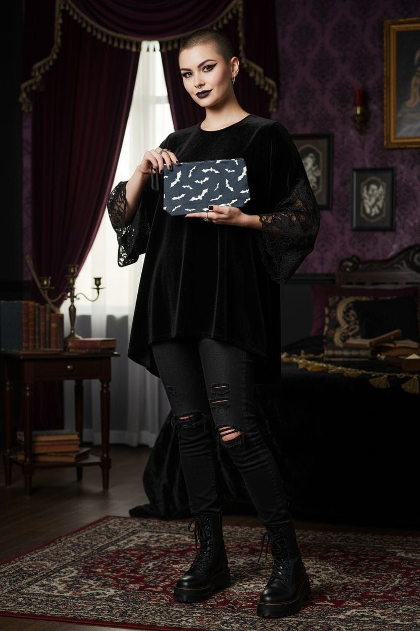 Bolsa negra con estampado de murciélagos blancos, asa lateral, sobre fondo rosa.