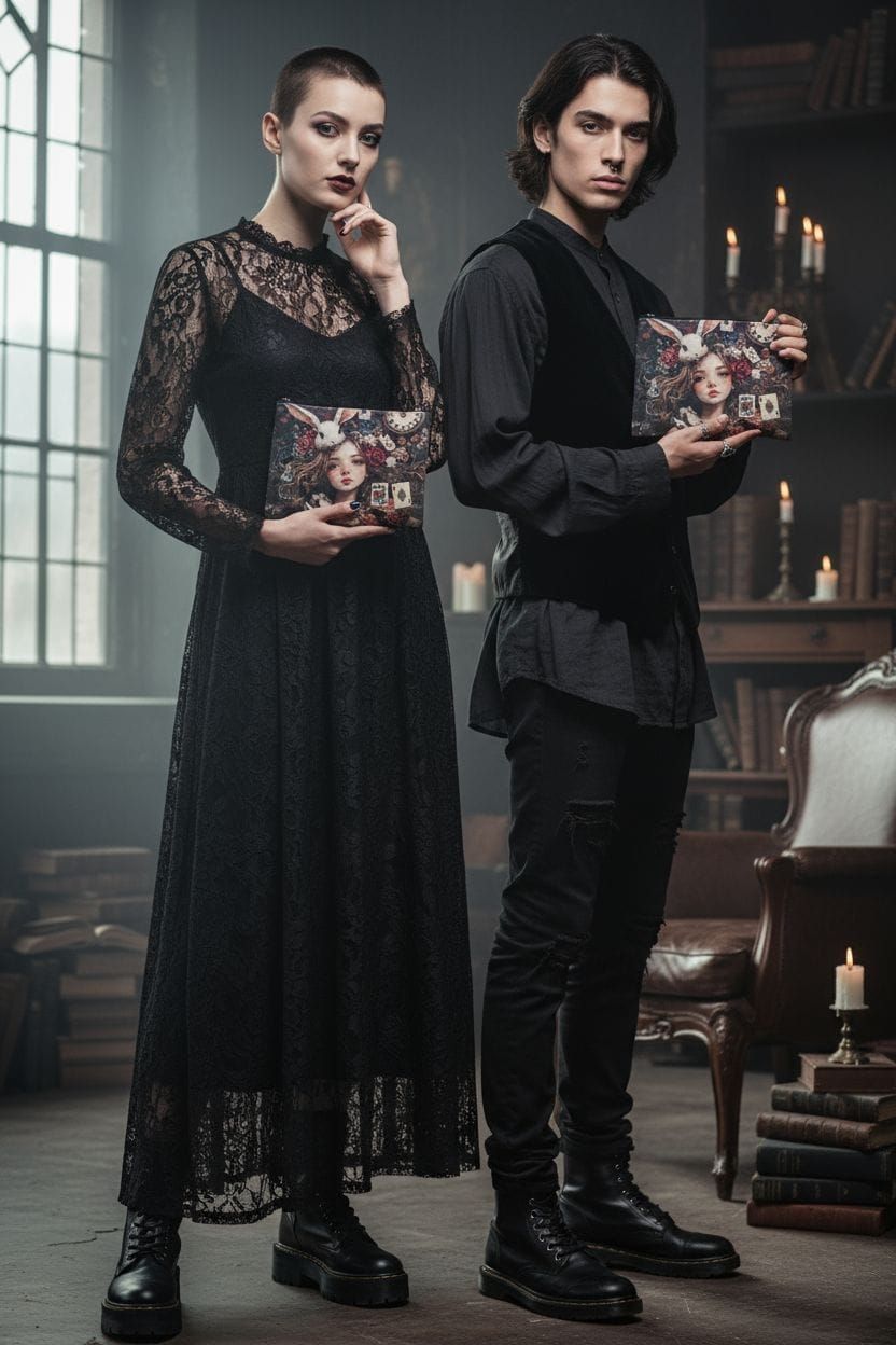 Bolsita con temática de Alicia en el País de las Maravillas con conejo blanco, naipes y flores.