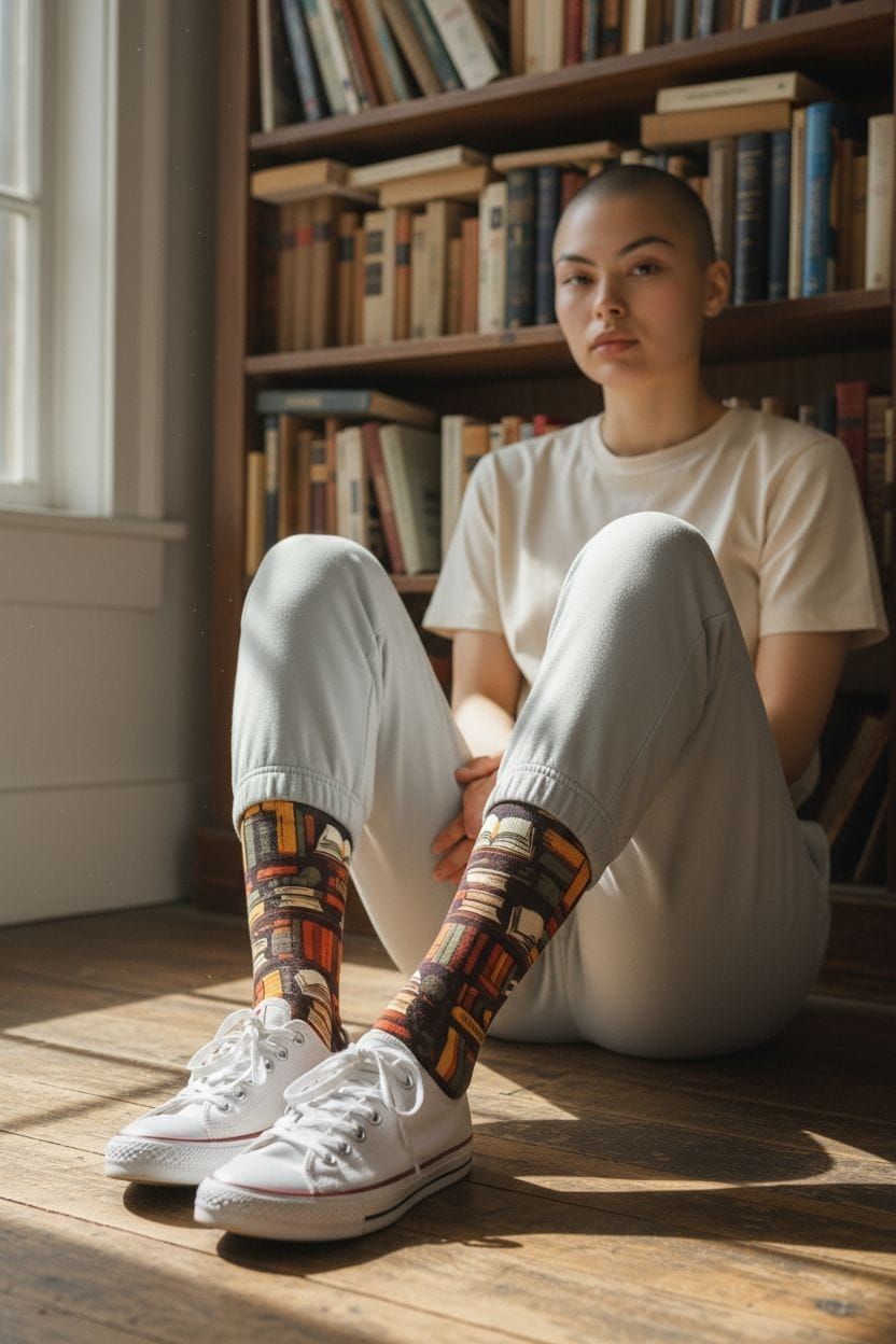 Calcetines con temática de libros, con coloridos libros apilados sobre un fondo rosa.