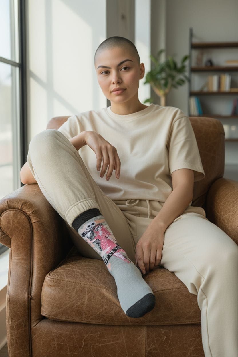 Par de calcetines con Jack y Sally de Pesadilla antes de Navidad. Grises con detalles rosas y negros.