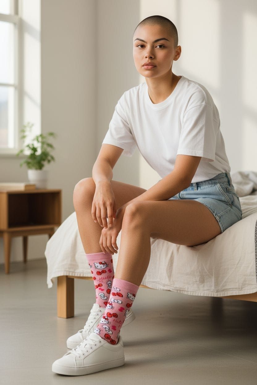 Calcetines rosas de Hello Kitty con lazos rojos, sobre fondo rosa.