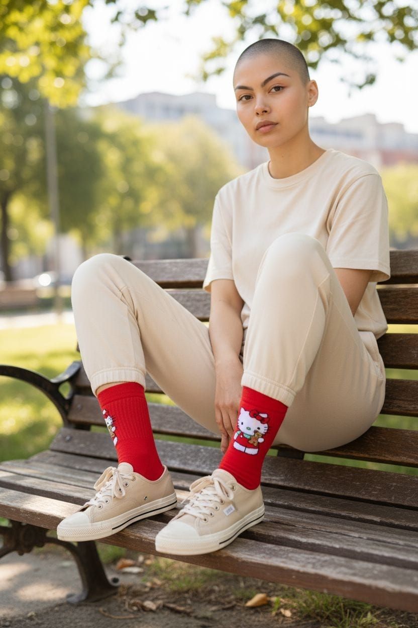 Calcetines rojos, uno con un diseño de Hello Kitty, sobre fondo rosa.