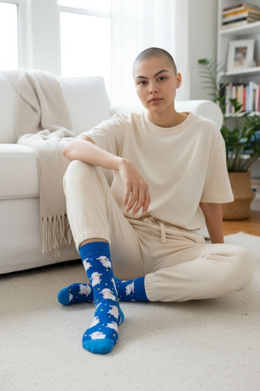 Calcetines azules con ovejas blancas y estrellas amarillas sobre fondo rosa.