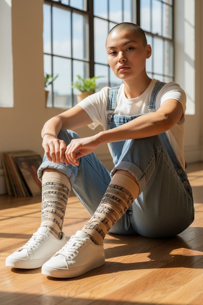 Un par de calcetines color canela estampados con notas musicales negras, sobre una superficie rosa.