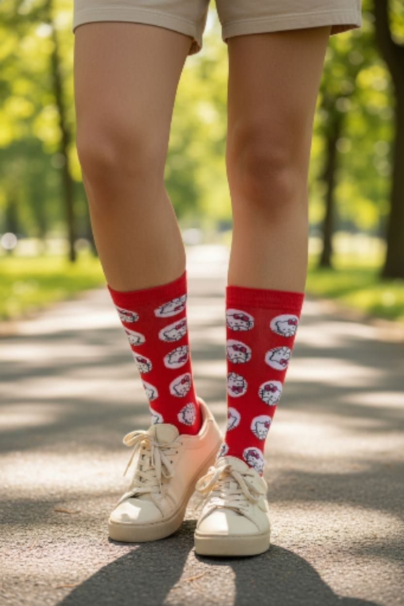 Calcetines rojos con caritas blancas de Hello Kitty dentro de círculos blancos.