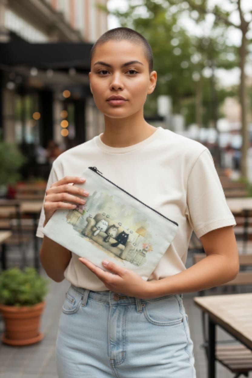 Bolsa de lona con gatos de acuarela sobre un sofá, con una lámpara y flores, sobre un fondo rosa.