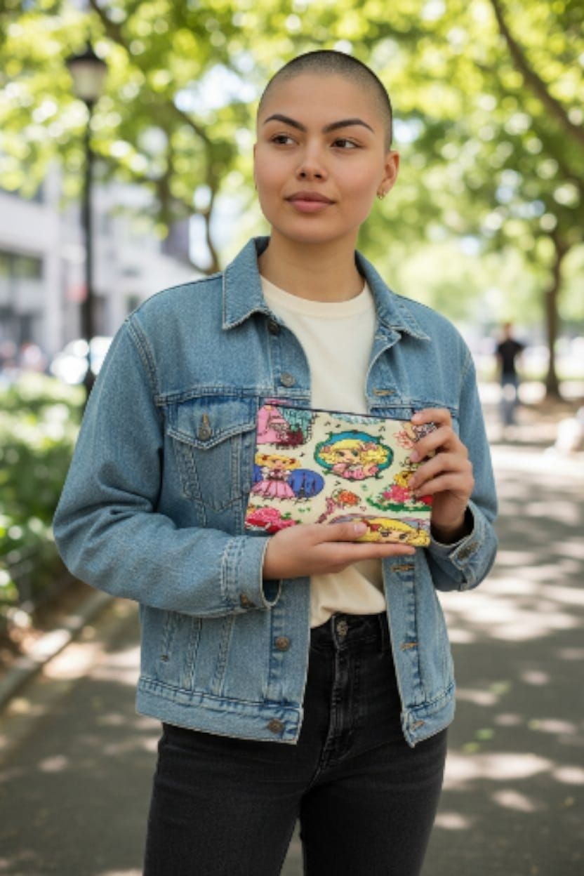 Neceser ilustrado Candy-Candy en color crema, con el personaje de dibujos animados en diferentes escenas.