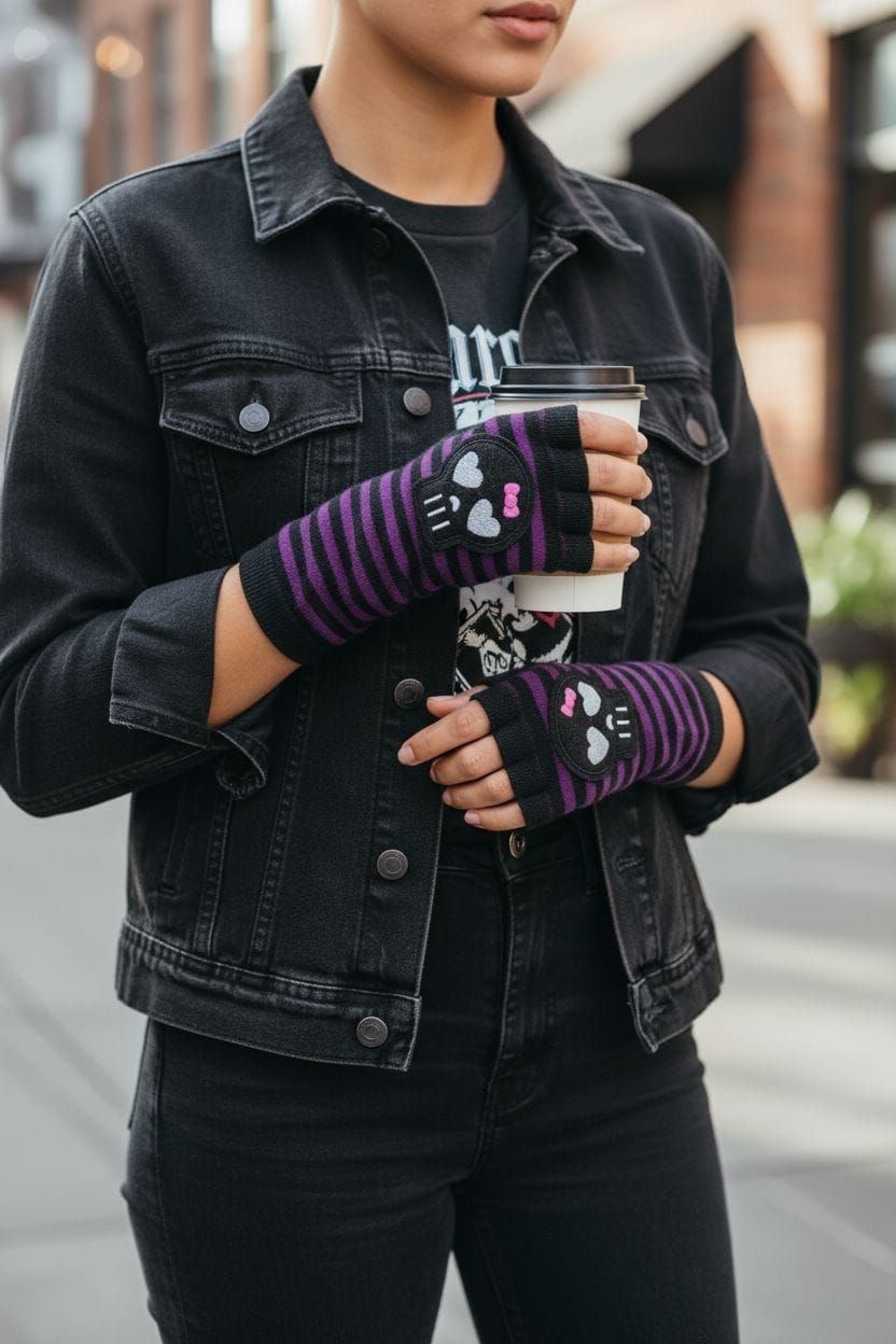 Par de guantes sin dedos a rayas negras y moradas con aplique de calavera.