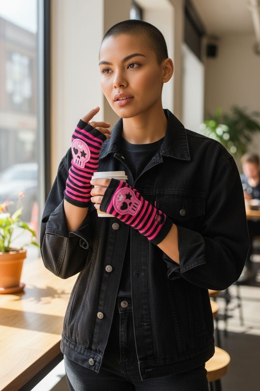 Par de calentadores de brazos a rayas negras y rosas, uno de ellos con un parche de calavera.