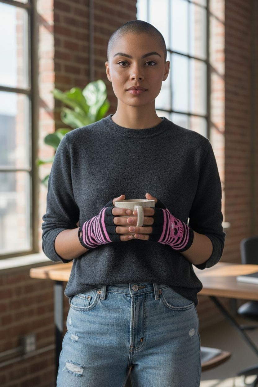 Calentadores de piernas a rayas rosas y negras. Uno tiene un parche de calavera con una corona, un corazón y una estrella.