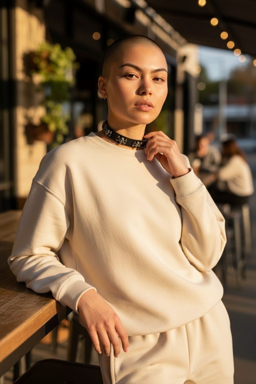 Gargantilla de cuero negro con calaveras plateadas, fondo rosa.
