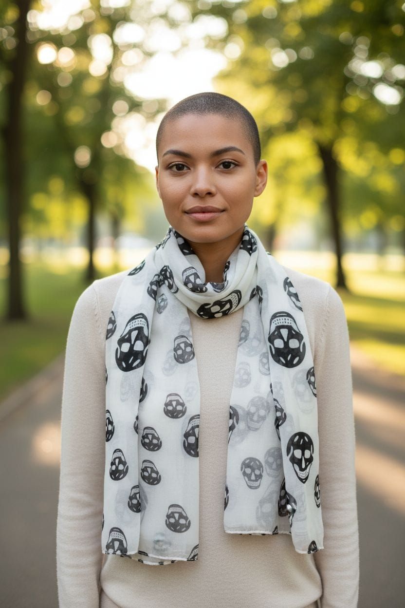 Bufanda blanca con estampado de calavera negra sobre fondo rosa.