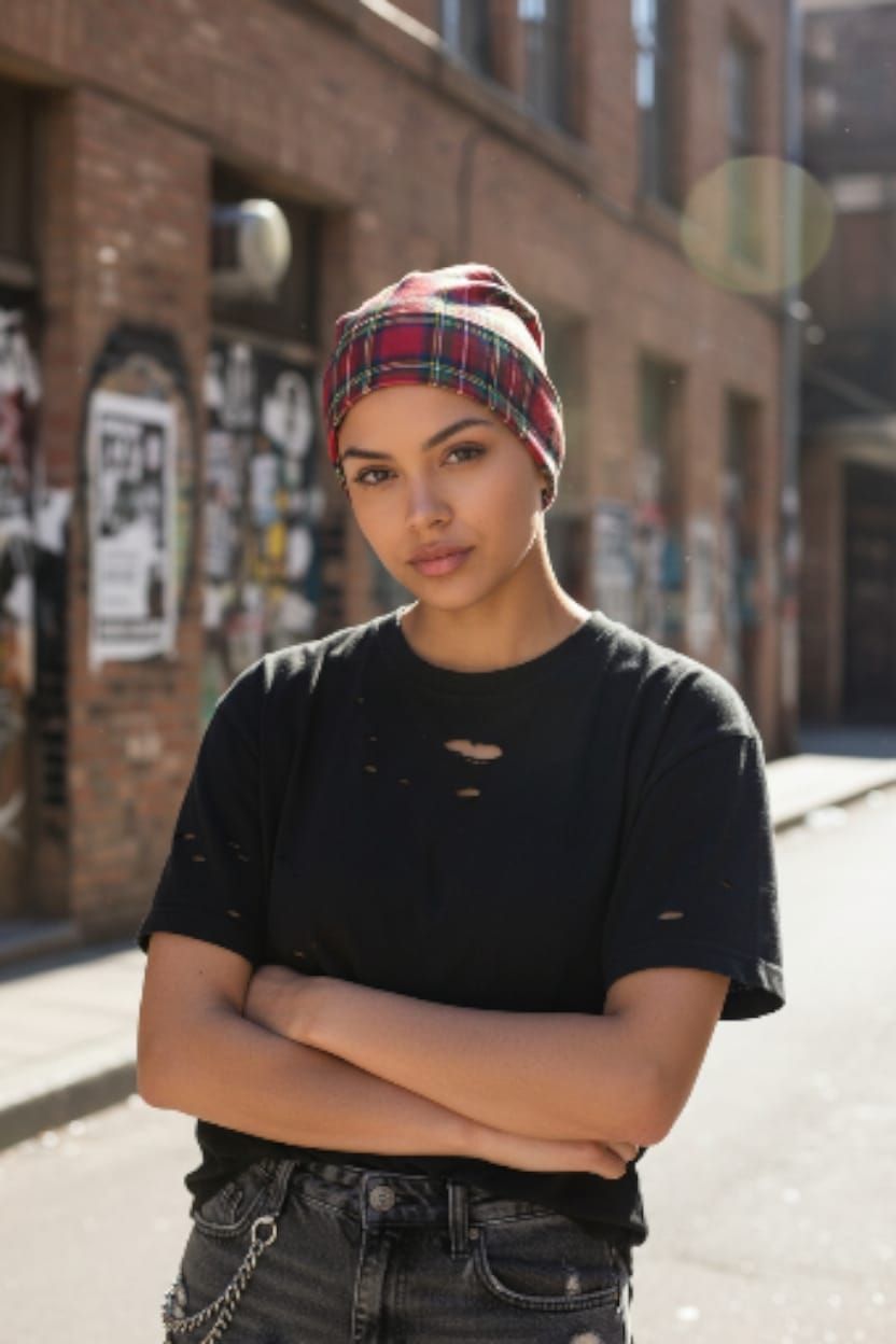 Gorro de cuadros rojos sobre fondo rosa.