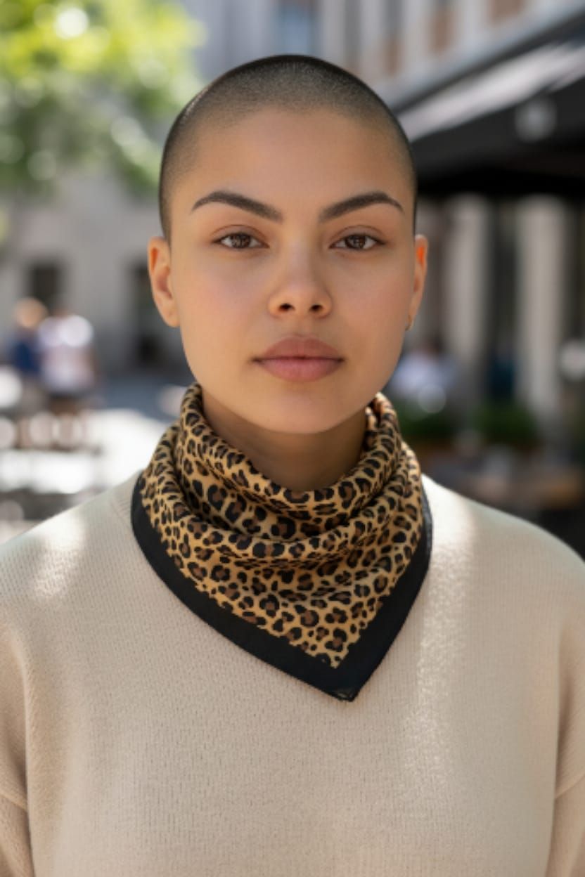 Bandana con estampado de leopardo, ribete negro, doblada y fondo rosa.