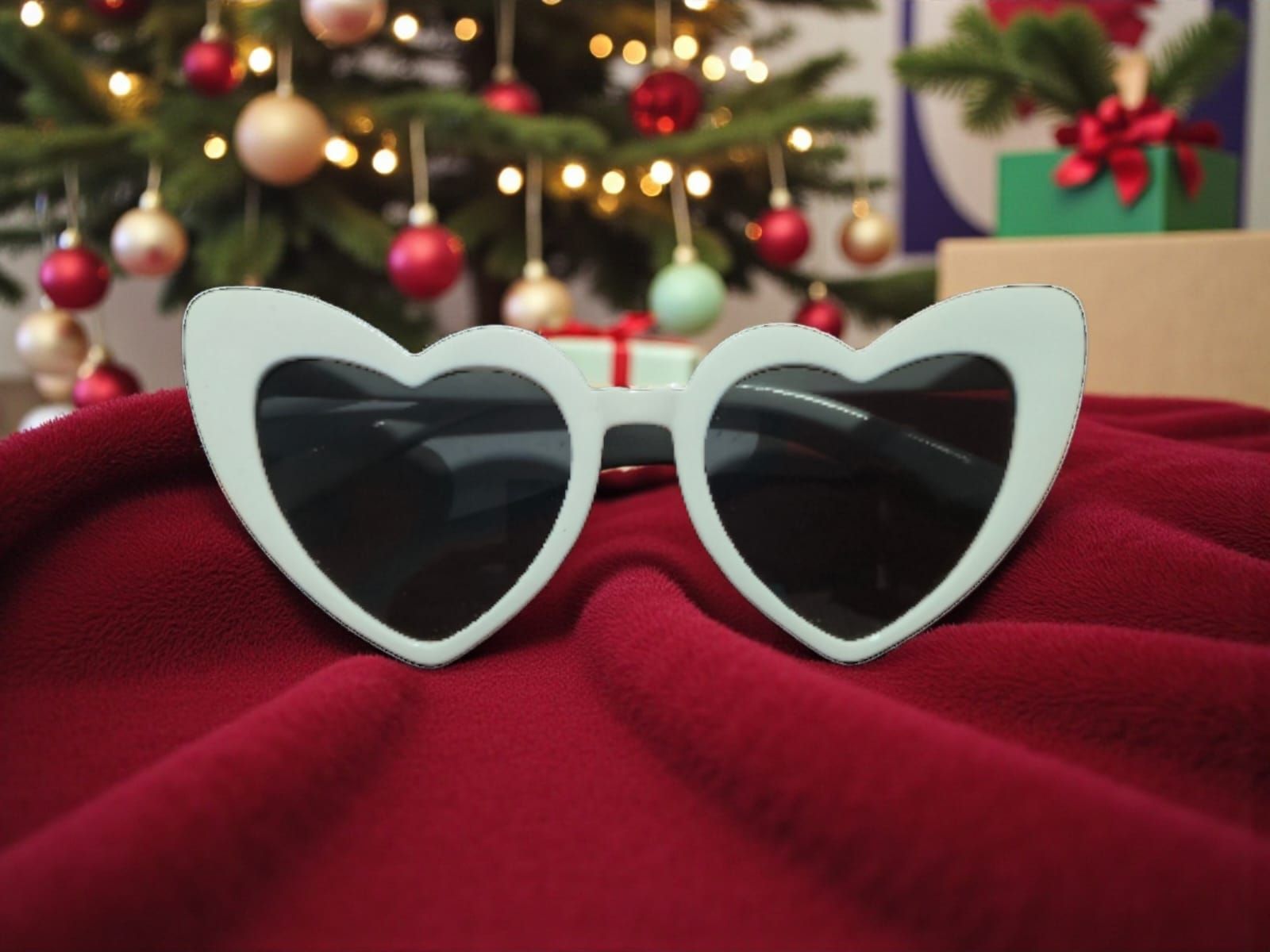 Gafas de sol blancas en forma de corazón sobre tela de terciopelo rojo con un árbol de Navidad de fondo.