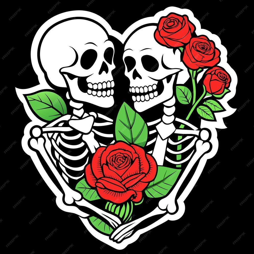 Dos esqueletos en forma de corazón, abrazados, con rosas rojas y hojas verdes, sobre un fondo negro.