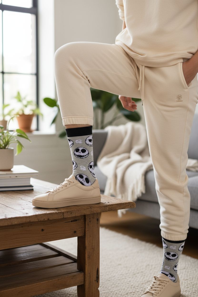 Par de calcetines con caras de Jack Skellington repetidas sobre fondo gris claro, puños y punteras negras.