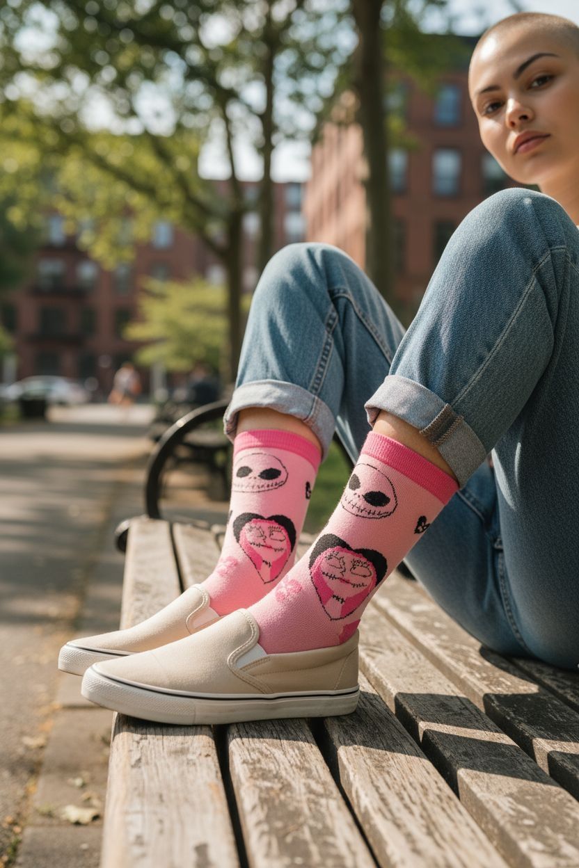 Calcetines rosas con Jack Skellington, corazones y el logotipo de Disney.