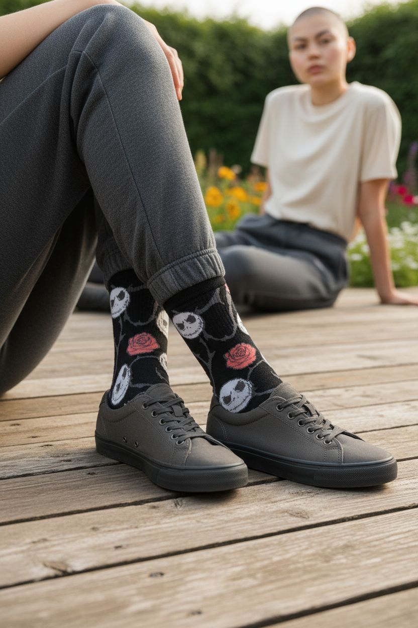 Calcetines negros con caras de Jack Skellington, rosas color coral y enredaderas grises sobre fondo rosa.