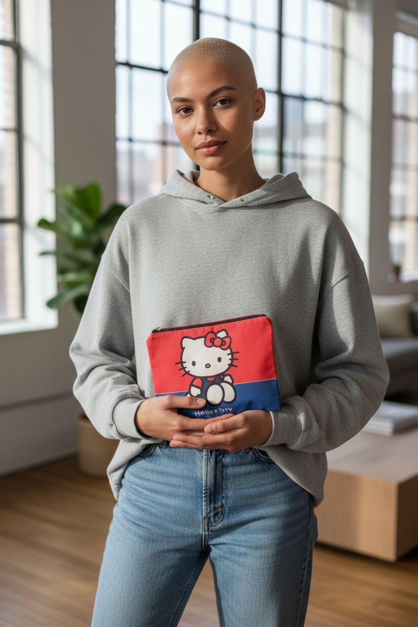 Estuche de lápices Hello Kitty, fondo rojo y azul.