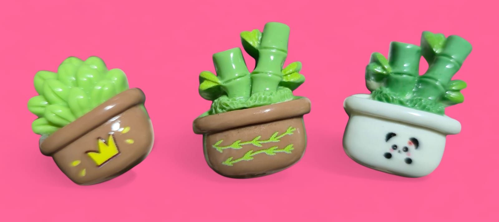 Tres pequeñas plantas en maceta sobre un fondo rosa.