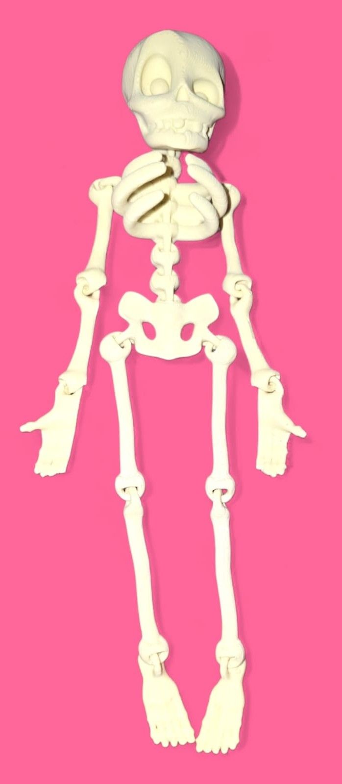 Esqueleto de juguete sobre fondo rosa.