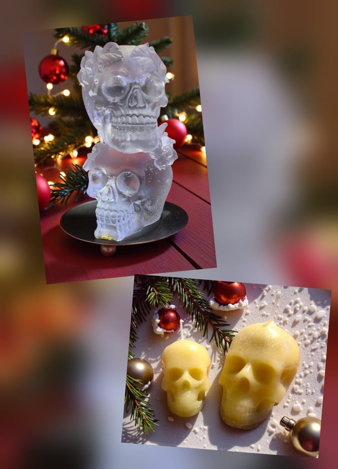 Dos velas con forma de calavera, una transparente apilada sobre fondo negro y tres amarillas junto a vegetación con adornos.