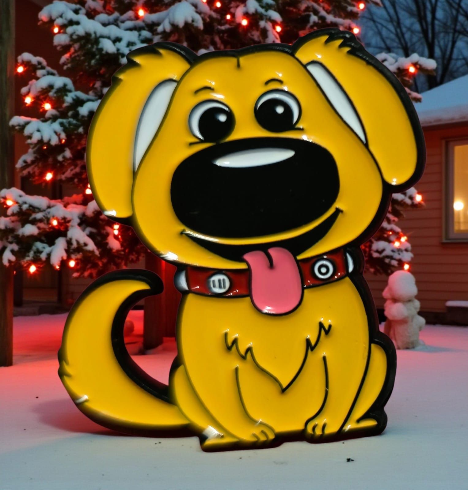 Decoración de perro amarillo de dibujos animados con contorno negro, lengua rosa y collar rojo, en la nieve.
