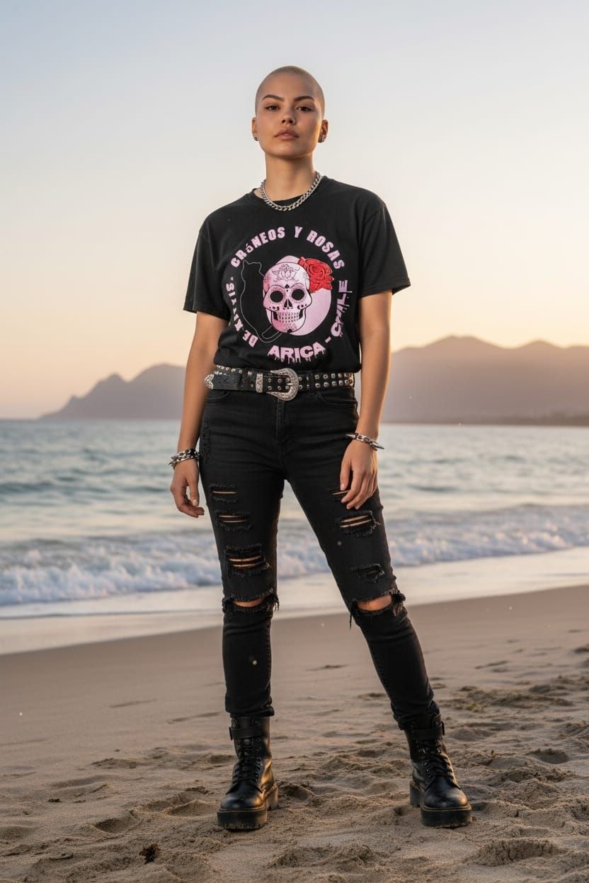 Mujer con la cabeza rapada y traje negro, de pie en la playa. Camiseta con calavera y fondo marino.