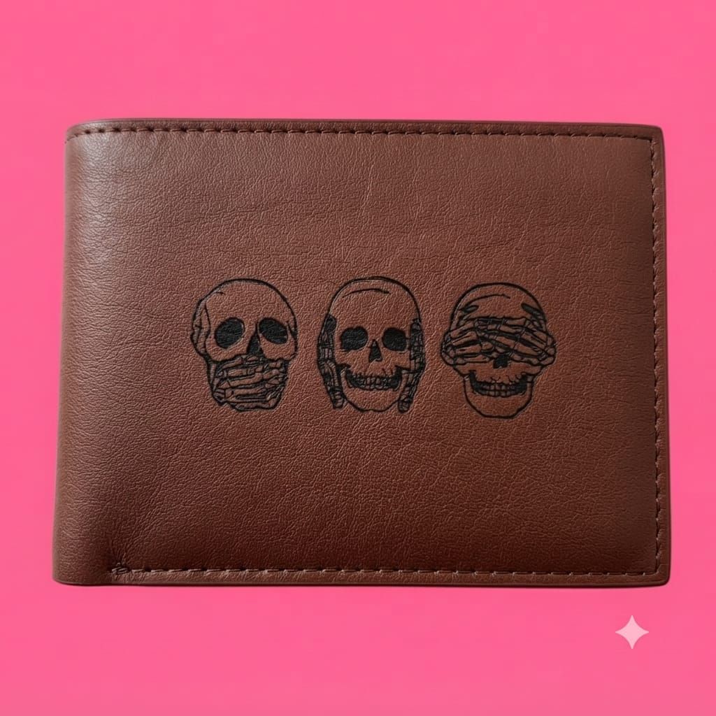 Billetera marrón con tres calaveras