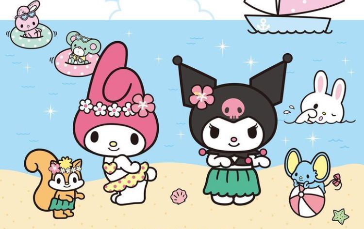 My Melody y Kuromi en la playa con collares de flores. Otros personajes de Sanrio nadan en el océano.