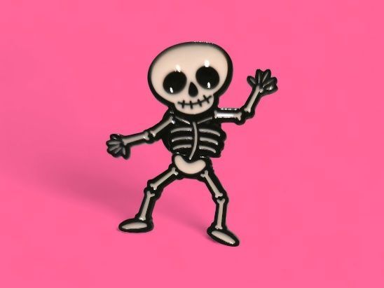 Esqueleto de dibujos animados con un cráneo blanco y caja torácica, de pie sobre un fondo rosa.