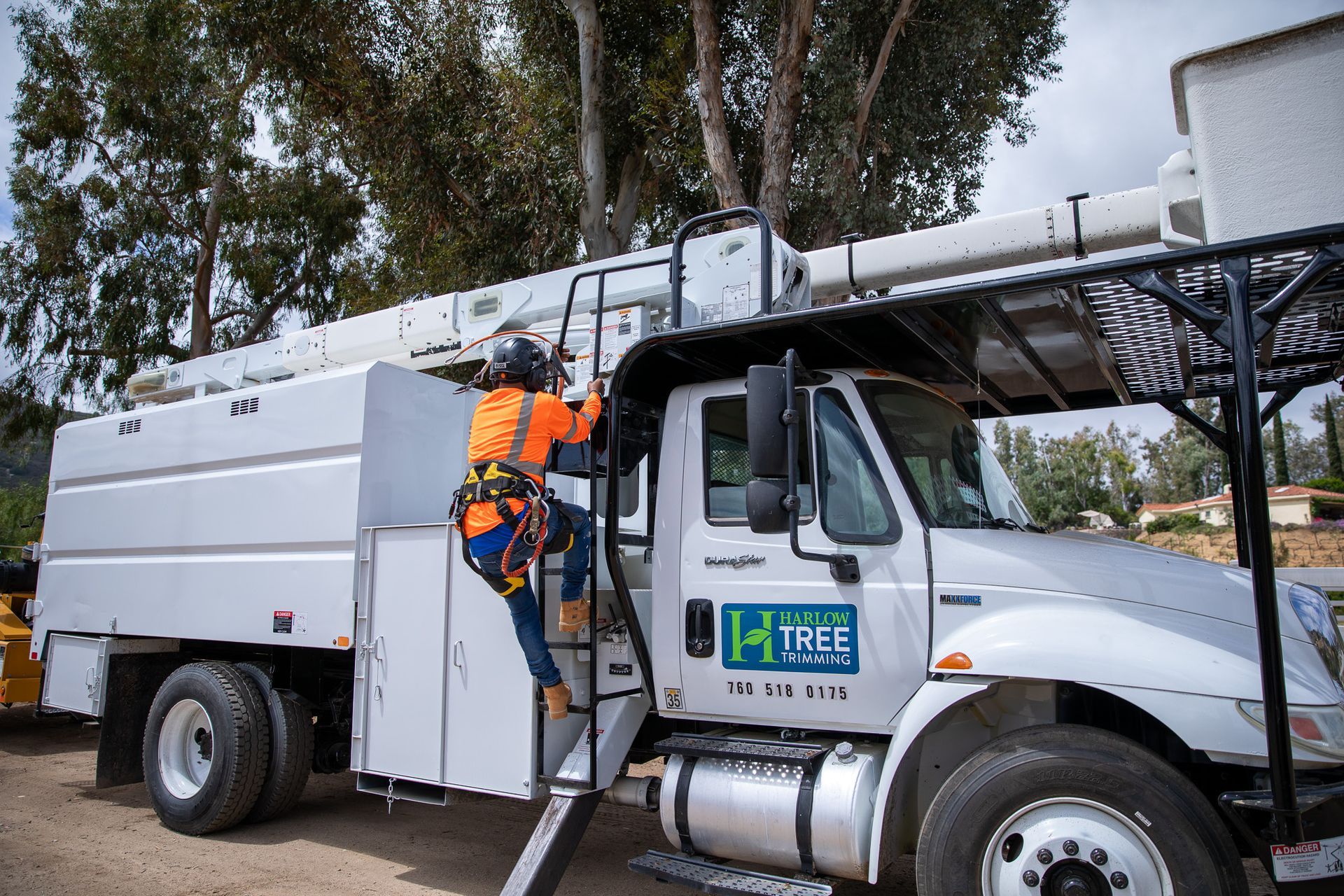 A man is getting out of a tree trimming truck.